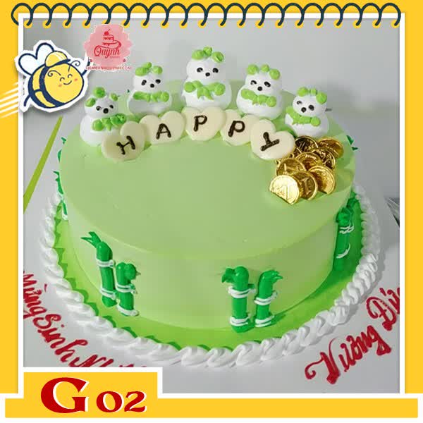 Bánh kem bé gái G02 màu xanh lá nhạt với những cây tre trúc và gấu trúc xanh ngộ nghĩnh