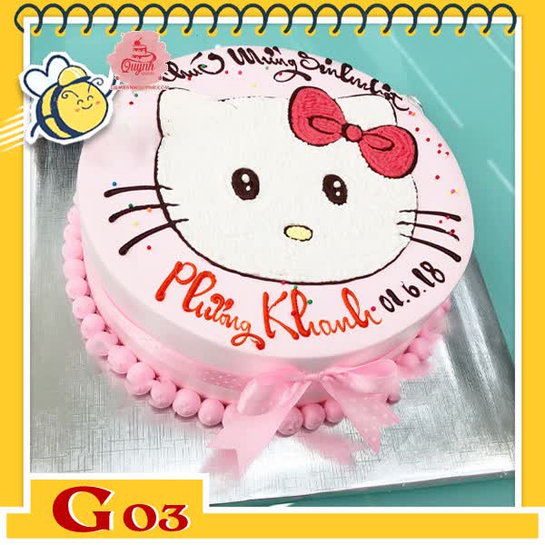 Bánh kem bé gái G03 màu hồng nhạt vẽ hình hello kitty đáng yêu muốn xỉu