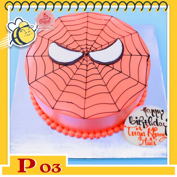 Bánh kem bé trai P03 nền đỏ vẽ lưới nhện tạo hình mặt của spiderman người nhện