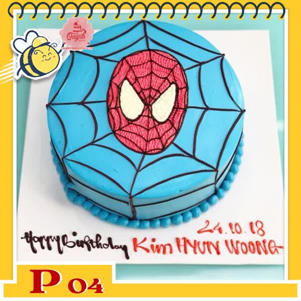 Bánh kem bé trai P04 nền xanh vẽ lưới nhện và mặt spider man màu đỏ siêu độc lạ