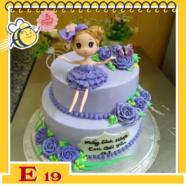 Bánh kem búp bê E19 2 tầng màu xanh tím bắt hoa dễ thương cho bé gái