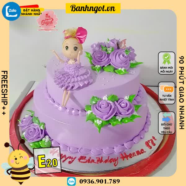 Bánh kem búp bê E20 2 tầng màu tím hoa tím váy tím dễ thương hoành tráng