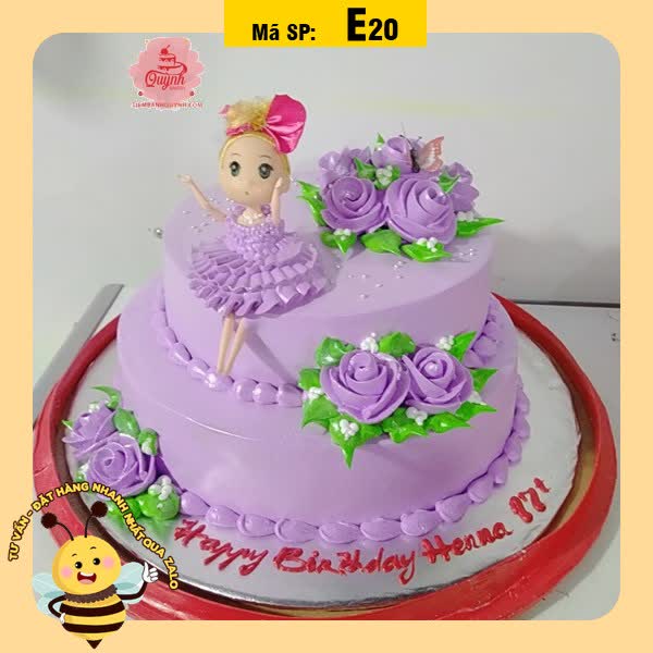 Bánh kem búp bê E20 2 tầng màu tím hoa tím váy tím dễ thương hoành tráng