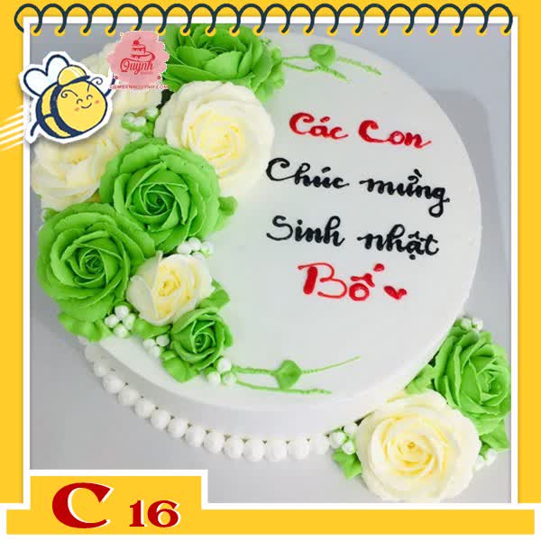 Bánh kem tặng cha C16 màu trắng với nhiều đóa hoa màu xanh lá và trắng kem xinh xuất sắc