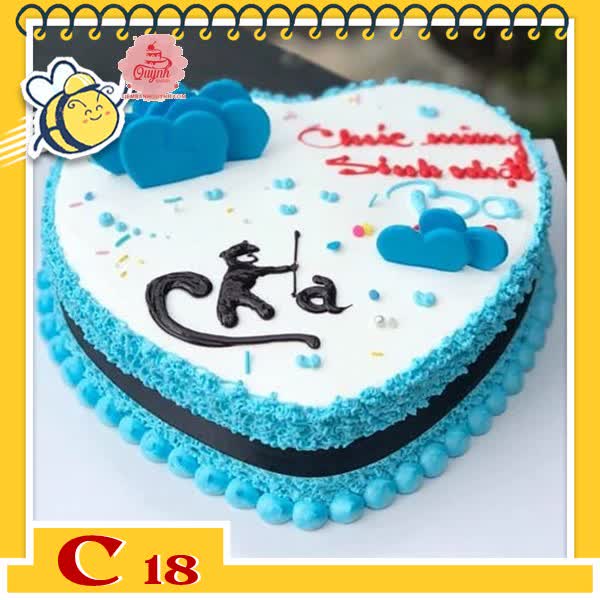 Bánh kem tặng cha C18 trái tim màu xanh dương cắm trái tim socola màu xanh và chữ Cha thư pháp đẹp