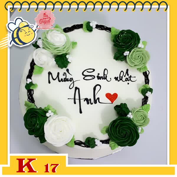 Bánh kem tặng khách hàng K17 tròn nền trắng trang trí viền hoa màu xanh đậm nhạt thú vị