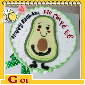 Bánh kem bé gái G01 quả bơ hình người nền trắng viền xanh bơ thắt nơ xanh