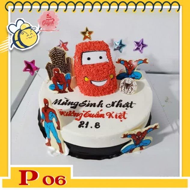 giới thiệu tổng quan Bánh kem bé trai P06 kết hợp xe ô tô đỏ dễ thương và người nhện spider man siêu ngầu