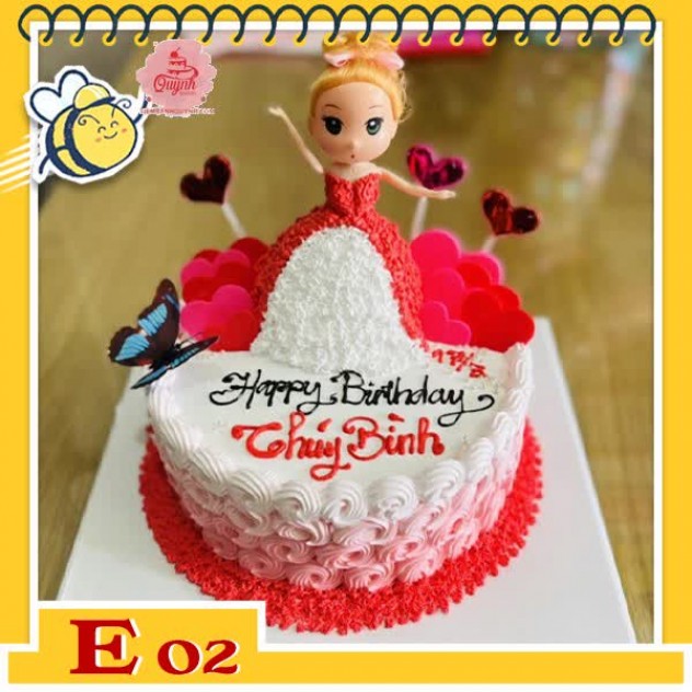 giới thiệu tổng quan Bánh kem búp bê E02 váy đỏ trắng trên nền bánh trắng hồng ngọt ngào sang chảnh