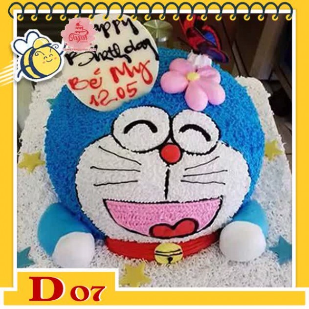 giới thiệu tổng quan Bánh kem Doremon D07 tạo hình 3D cả đầu đôremon có gắn nơ hoa hồng trên đâu cho bé gái