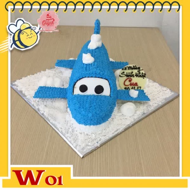 giới thiệu tổng quan Bánh kem máy bay W01 kiểu dáng ốm nhỏ xinh màu xanh nền trắng có mắt dễ thương