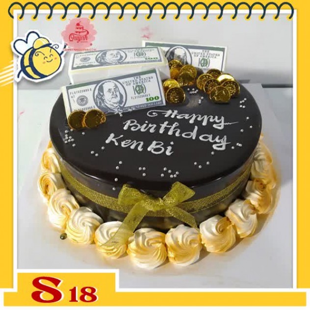 giới thiệu tổng quan Bánh kem socola S18 phong cách tiền vàng đô la sang trọng viền kem vàng xung quanh bánh phủ socola đen