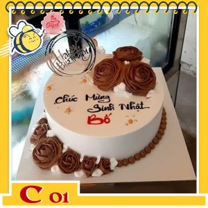 Bánh kem tặng cha C01 nền trắng và những đóa hoa màu nâu phù hợp lứa tuổi của những ông bố bà mẹ
