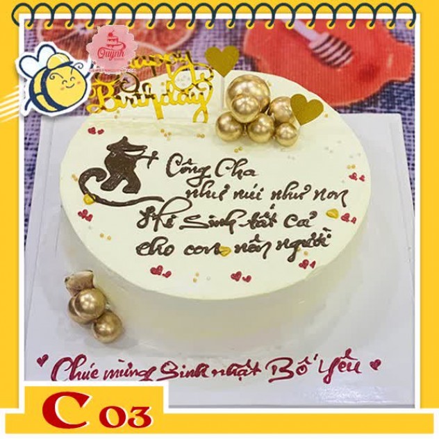 giới thiệu tổng quan Bánh kem tặng cha C03 đơn giản màu vàng nhạt vẽ chữ thư pháp và cắm những phụ kiện hàn quốc hiện đại