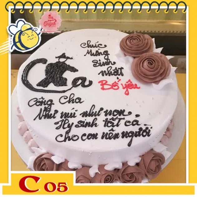 giới thiệu tổng quan Bánh kem tặng cha C05 nền trắng viết chữ thư pháp tặng Cha viền xung quanh là những bông hoa màu nâu đẹp
