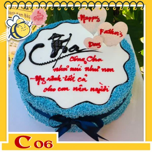 giới thiệu tổng quan Bánh kem tặng cha C06 viền xung quanh màu xanh dương làm nổi bật vùng trắng ở giữa vẽ chữ Cha hình ảnh người lái đò