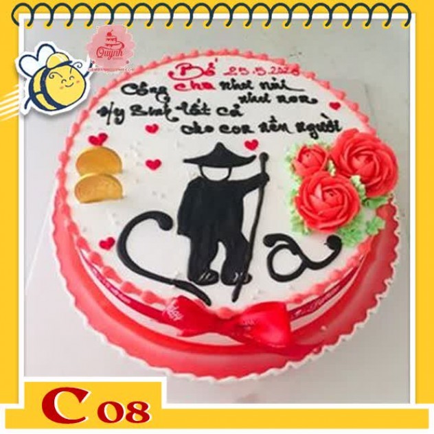 giới thiệu tổng quan Bánh kem tặng cha C08 viền màu đỏ nền trắng với chữ cha thư pháp siêu đẹp cùng câu nói xúc động