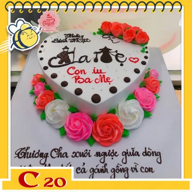 giới thiệu tổng quan Bánh kem tặng cha C20 trái tim nền trắng với nhiều đóa hoa màu sắc đỏ hồng tươi tắn