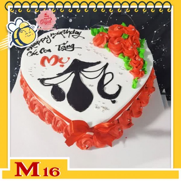 giới thiệu tổng quan Bánh kem tặng mẹ M16 trái tim trắng vẽ chữ thư pháp Mẹ ý nghĩa và những đóa hoa đỏ tươi thắm