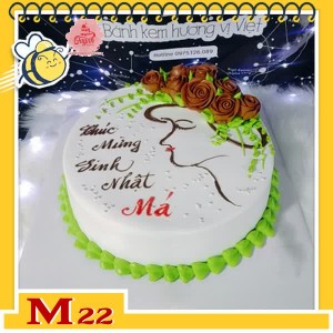 Bánh kem tặng mẹ M22 nền trắng vẽ khuôn mặt người phụ nữ đội vòng hoa màu xanh lá và nâu lạ mà đẹp