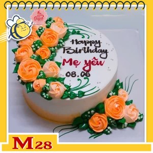 Bánh kem tặng mẹ M28 nền trắng bắt hoa xinh màu cam nhạt xung quanh mặt bánh và đế bánh