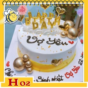 Bánh kem tặng người yêu H02 màu vàng trắng cắm phụ kiện nến và bi sang trọng