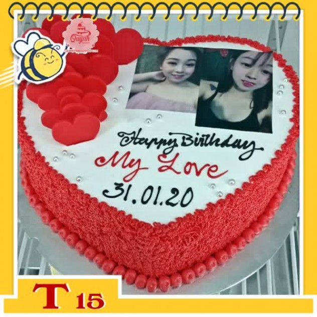 giới thiệu tổng quan Bánh kem trái tim T15 thân đỏ nền trắng cắm tim socola đỏ và in ảnh đẹp dễ thương
