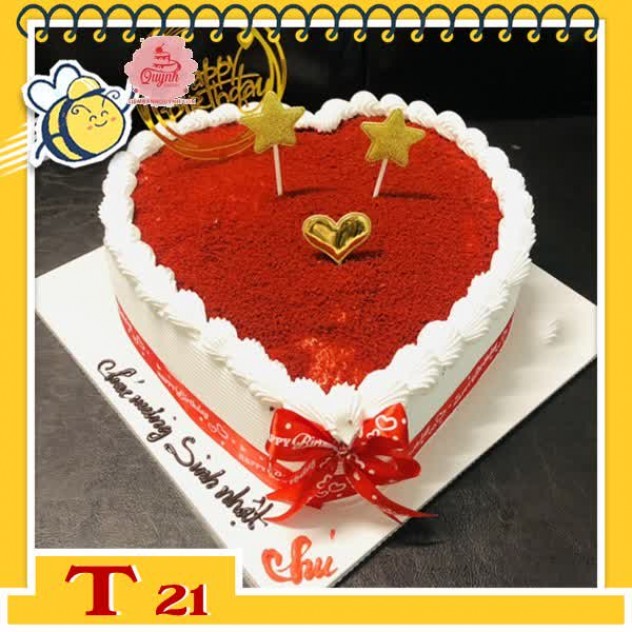 giới thiệu tổng quan Bánh kem trái tim T21 thân trắng phủ bột red velved cắm phụ kiện đơn giản tinh tế